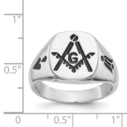14K Weißgold Herren-Siegelring, poliert und geriffelt, mit schwarzer Emaille, Freimaurer-Motiv