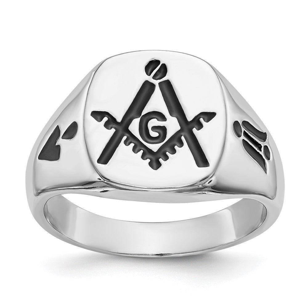 14K Weißgold Herren-Siegelring, poliert und geriffelt, mit schwarzer Emaille, Freimaurer-Motiv