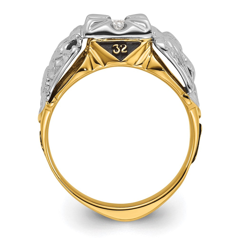 14K Bicolor Gold Herren-Siegelring, poliert und texturiert, mit schwarzer Emaille und Diamant in VS-Qualität, Freimaurer-Design