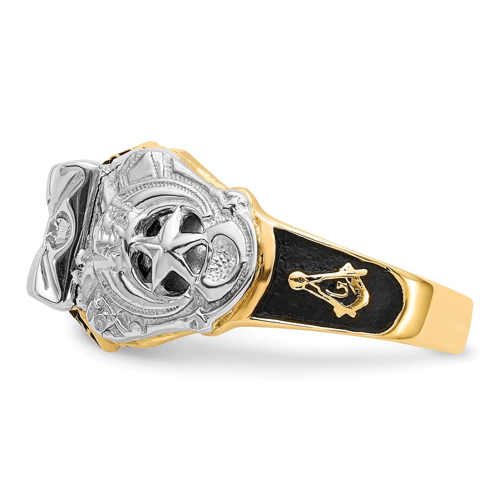14K Bicolor Gold Herren-Siegelring, poliert und texturiert, mit schwarzer Emaille und Diamant in VS-Qualität, Freimaurer-Design