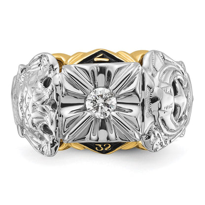14K Bicolor Herrenring poliert und texturiert mit schwarzer Emaille und AA-Qualität Diamant Freimaurerring