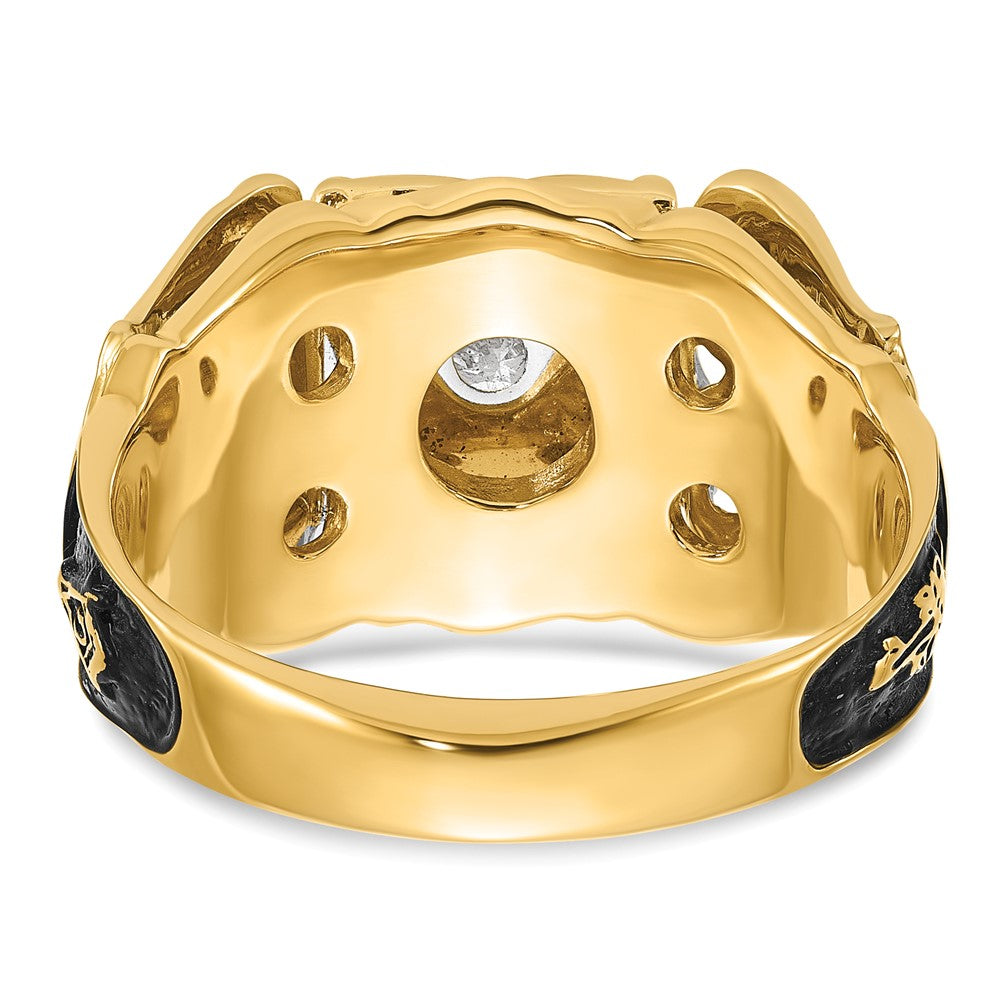 14K Bicolor-Gold Herren-Siegelring, poliert und texturiert, mit schwarzem Emaille und Diamanten in AAA-Qualität, Freimaurer-Design