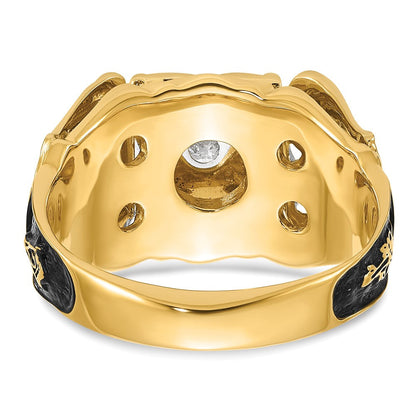 14K Bicolor Herrenring poliert und texturiert mit schwarzer Emaille und AA-Qualität Diamant Freimaurerring