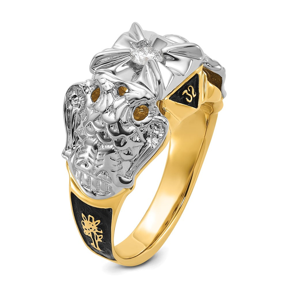 14K Bicolor Gold Herren-Siegelring, poliert und strukturiert, mit schwarzem Emaille und Diamanten in AA-Qualität, Freimaurer-Design
