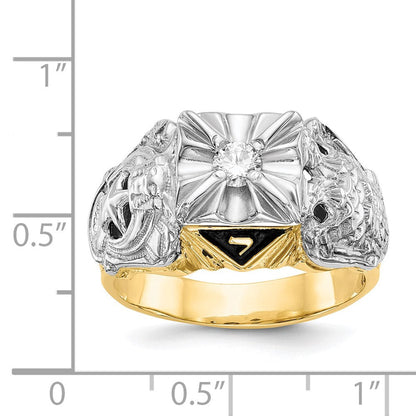 14K Bicolor Gold Herren-Siegelring, poliert und strukturiert, mit schwarzer Emaille und A-Qualität-Diamanten, Freimaurer-Design