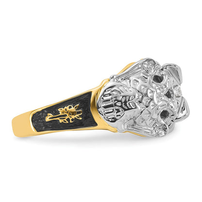 14K Bicolor Herrenring poliert und texturiert mit schwarzer Emaille und AA-Qualität Diamant Freimaurerring