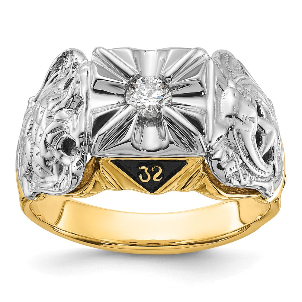 14K Bicolor Gold Herren-Siegelring, poliert und texturiert, mit schwarzer Emaille und Diamant in VS-Qualität, Freimaurer-Design