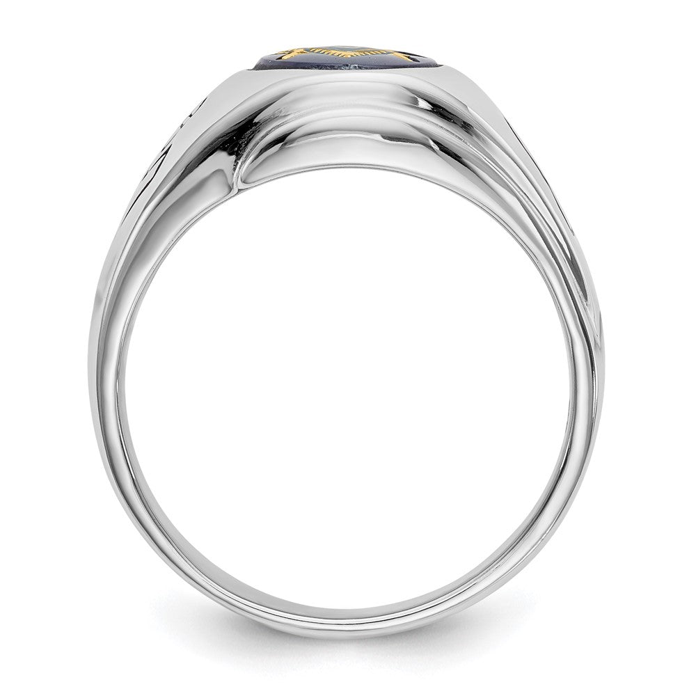 14K Weißgold Herren Freimaurer-Ring, poliert, antik und geriffelt, mit Blauem Spinell (imitiert)
