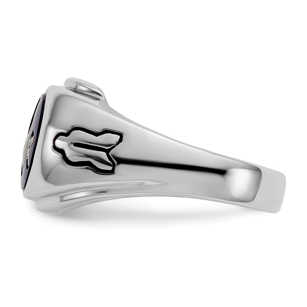 14K Weißgold Herren Freimaurer-Ring, poliert, antik und geriffelt, mit Blauem Spinell (imitiert)