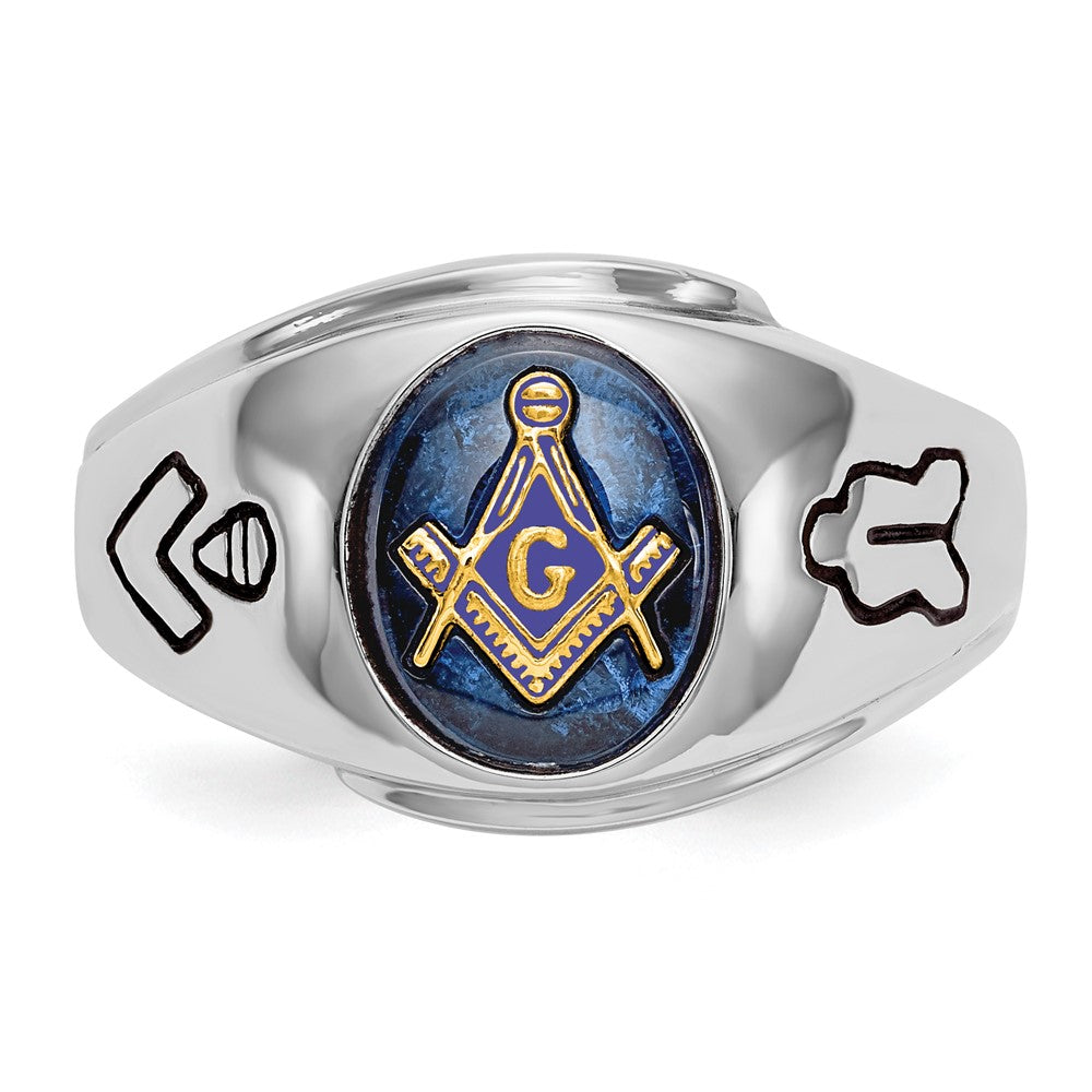 14K Weißgold Herren Freimaurer-Ring, poliert, antik und geriffelt, mit Blauem Spinell (imitiert)