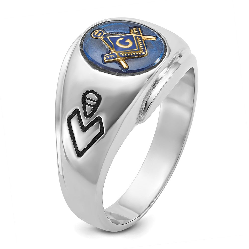 14K Weißgold Herren Freimaurer-Ring, poliert, antik und geriffelt, mit Blauem Spinell (imitiert)