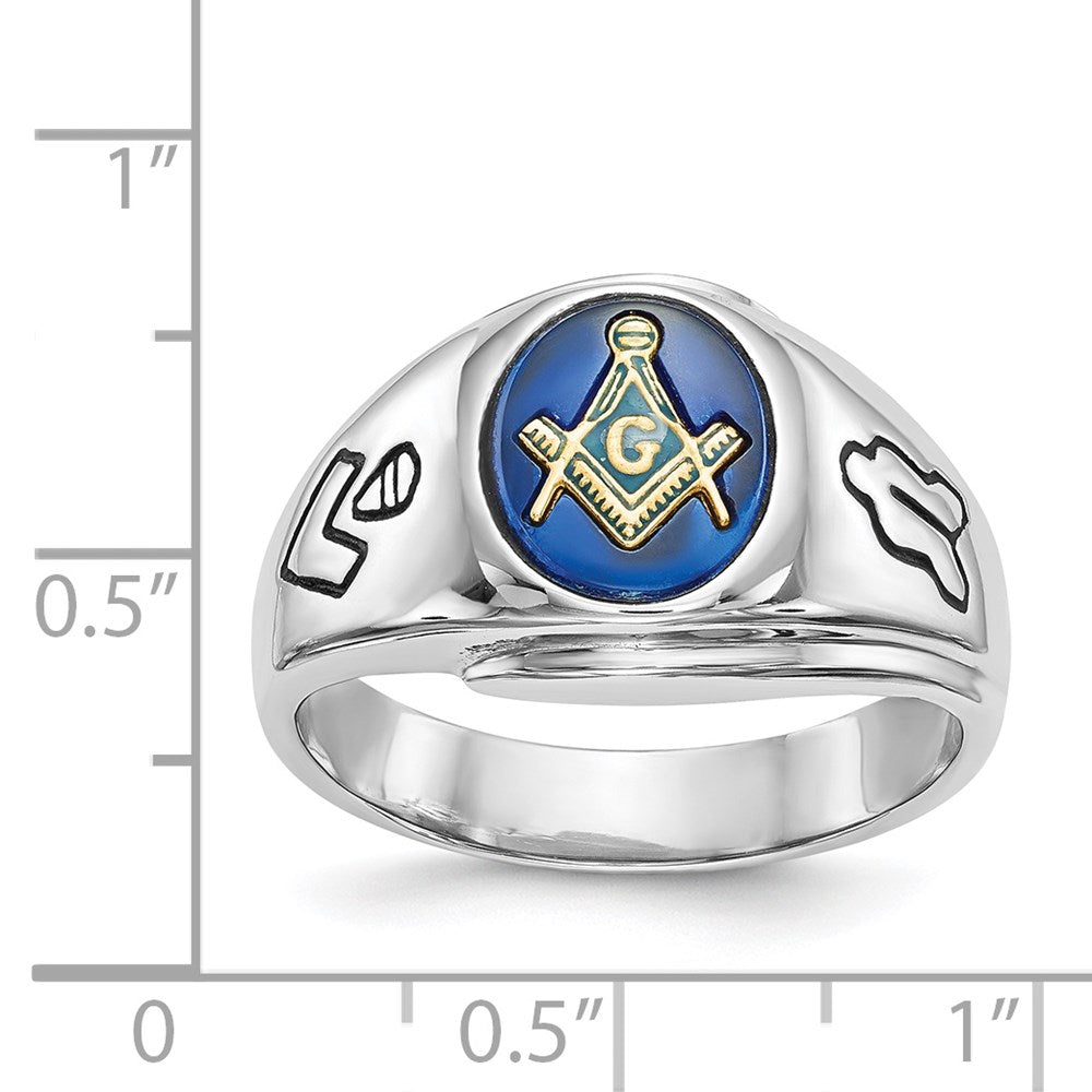 14K Weißgold Herren Freimaurer-Ring, poliert, antik und geriffelt, mit Blauem Spinell (imitiert)