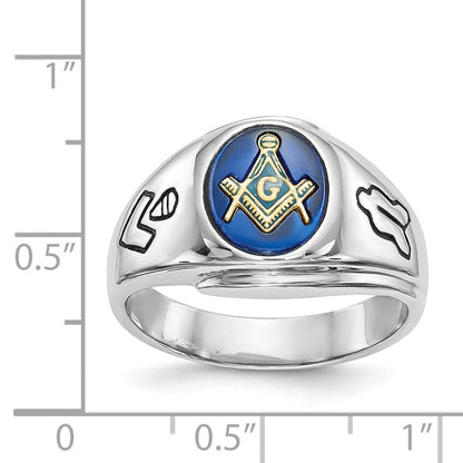 14K Weißgold Herren Freimaurer-Ring, poliert, antik und geriffelt, mit Blauem Spinell (imitiert)