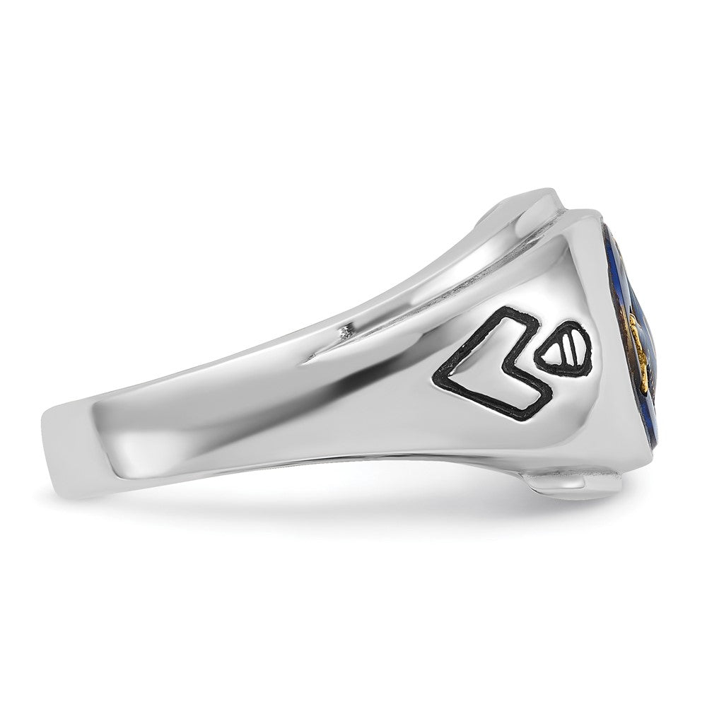14K Weißgold Herren Freimaurer-Ring, poliert, antik und geriffelt, mit Blauem Spinell (imitiert)