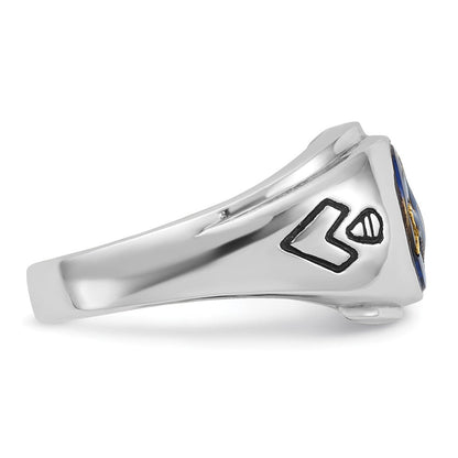 14K Weißgold Herren Freimaurer-Ring, poliert, antik und geriffelt, mit Blauem Spinell (imitiert)