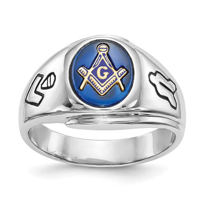 14K Weißgold Herren Freimaurer-Ring, poliert, antik und geriffelt, mit Blauem Spinell (imitiert)