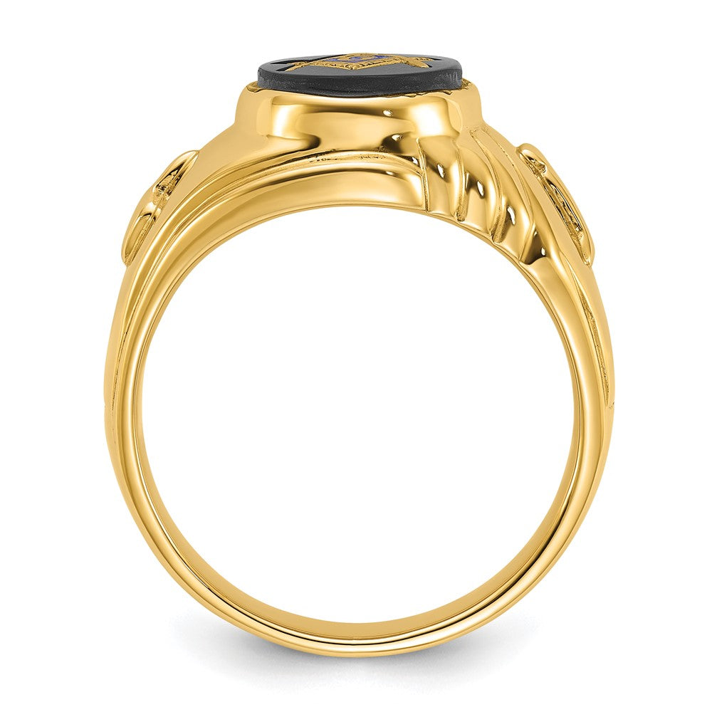 14K Gelbgold Herren-Freimaurerring, poliert und texturiert, mit ovalem Onyx