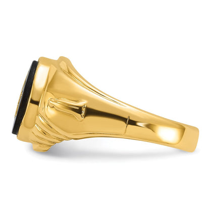14K Gelbgold Herren-Freimaurerring, poliert und texturiert, mit ovalem Onyx
