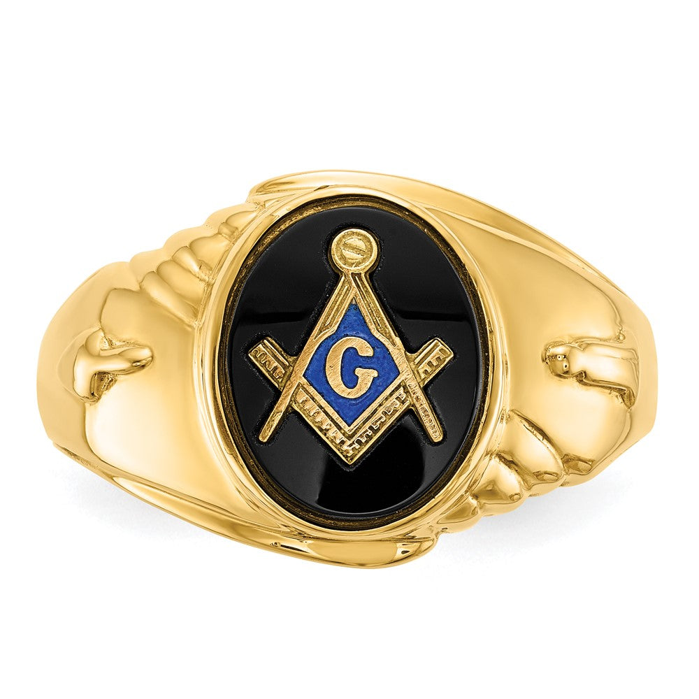 14K Gelbgold Herren-Freimaurerring, poliert und texturiert, mit ovalem Onyx
