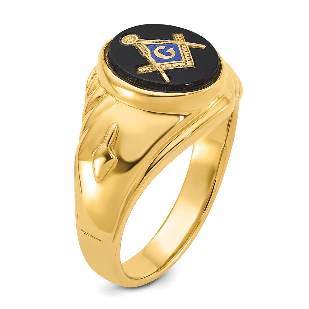14K Gelbgold Herren-Freimaurerring, poliert und texturiert, mit ovalem Onyx
