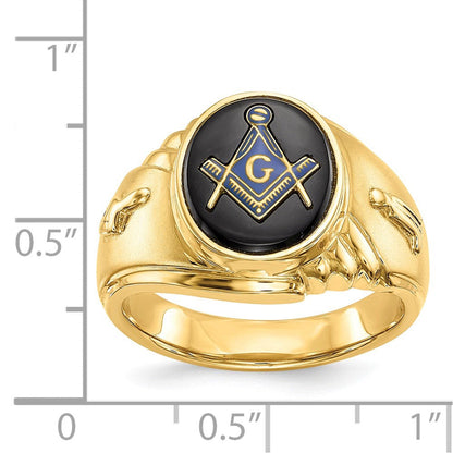 14K Gelbgold Herren-Freimaurerring, poliert und texturiert, mit ovalem Onyx