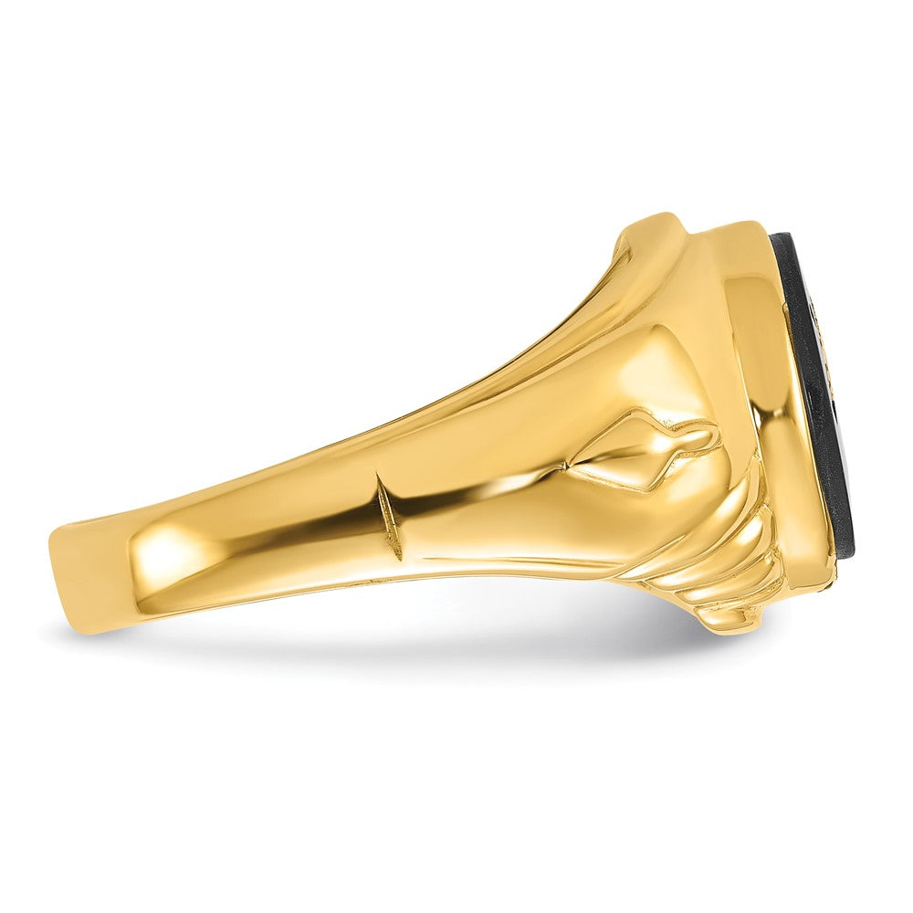 14K Gelbgold Herren-Freimaurerring, poliert und texturiert, mit ovalem Onyx