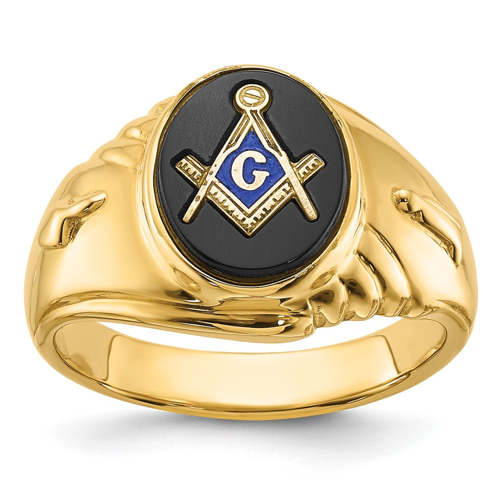 14K Gelbgold Herren-Freimaurerring, poliert und texturiert, mit ovalem Onyx
