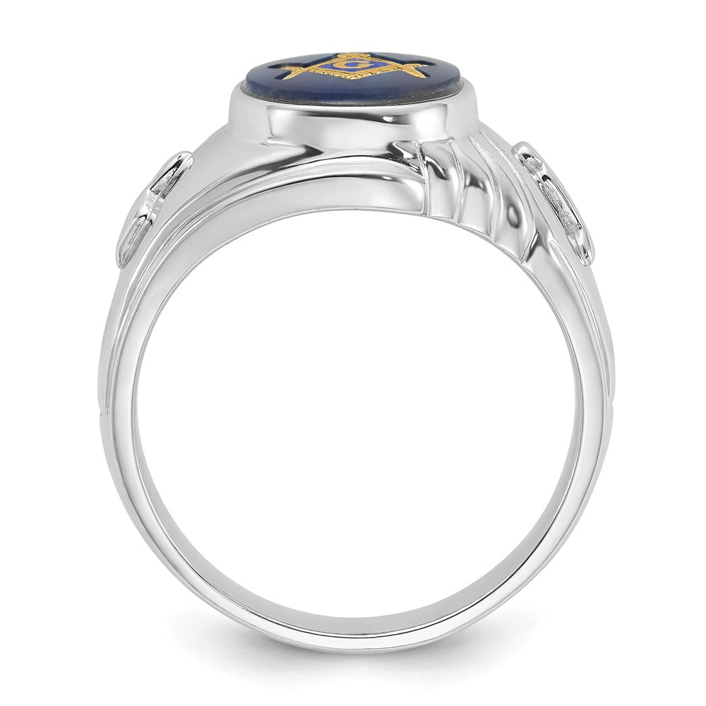 14K Weißgold Herren-Freimaurerring, poliert und texturiert, mit imitiertem blauem Spinell