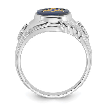 14K Weißgold Herren-Freimaurerring, poliert und texturiert, mit imitiertem blauem Spinell