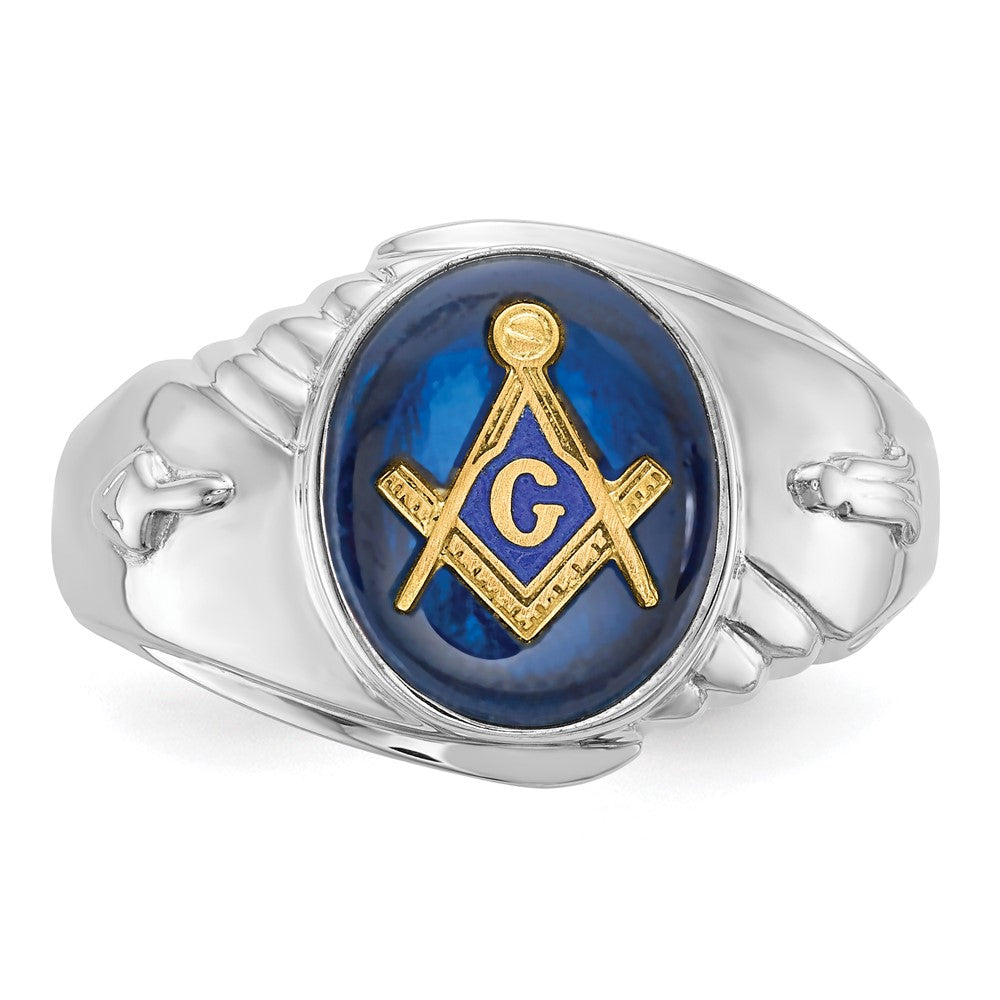 14K Weißgold Herren-Freimaurerring, poliert und texturiert, mit imitiertem blauem Spinell
