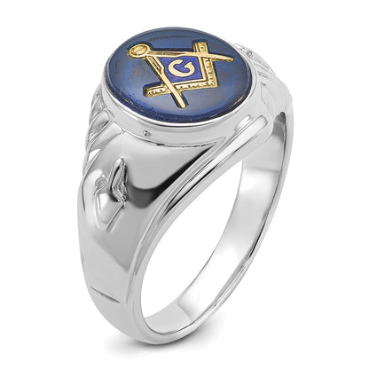 14K Weißgold Herren-Freimaurerring, poliert und texturiert, mit imitiertem blauem Spinell