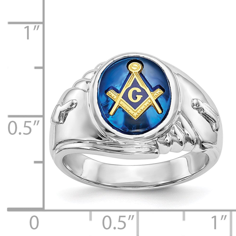 14K Weißgold Herren-Freimaurerring, poliert und texturiert, mit imitiertem blauem Spinell