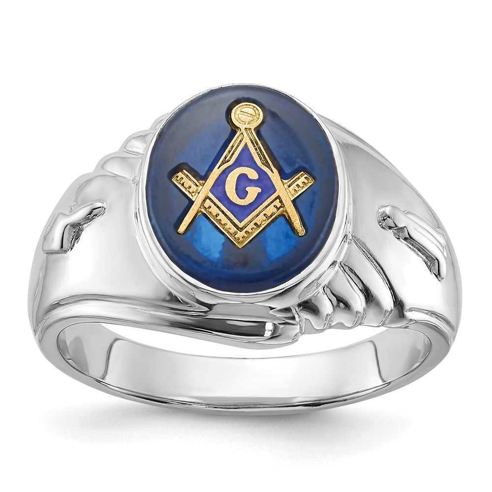 14K Weißgold Herren-Freimaurerring, poliert und texturiert, mit imitiertem blauem Spinell