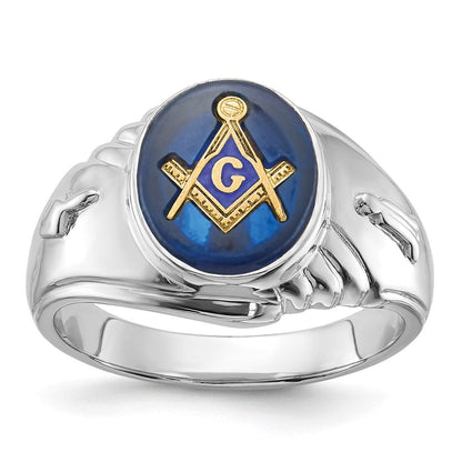 14K Weißgold Herren-Freimaurerring, poliert und texturiert, mit imitiertem blauem Spinell