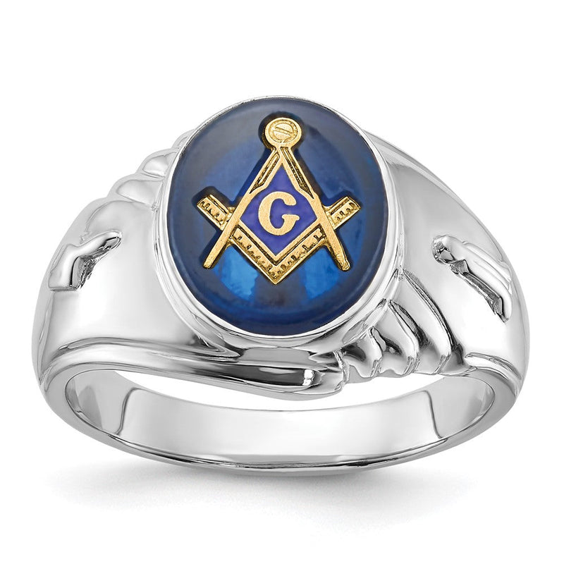 14K Weißgold Herren-Freimaurerring, poliert und texturiert, mit imitiertem blauem Spinell
