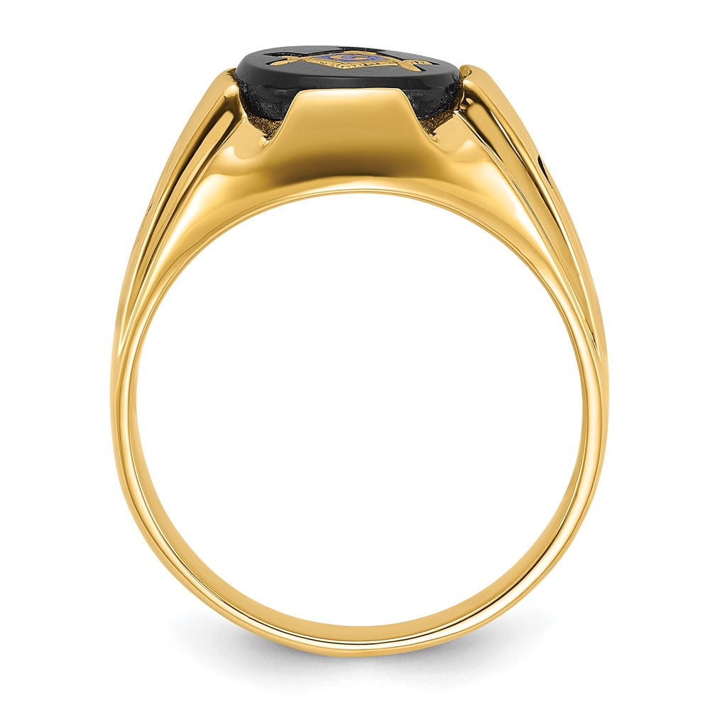 Herrenring aus 14K Gelbgold, poliert, antikisiert und geriffelt, mit ovalem Onyx, Freimaurer-Motiv