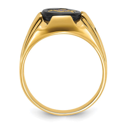 Herrenring aus 14K Gelbgold, poliert, antikisiert und geriffelt, mit ovalem Onyx, Freimaurer-Motiv