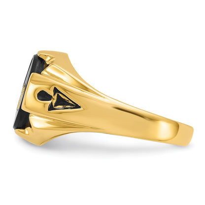 Herrenring aus 14K Gelbgold, poliert, antikisiert und geriffelt, mit ovalem Onyx, Freimaurer-Motiv