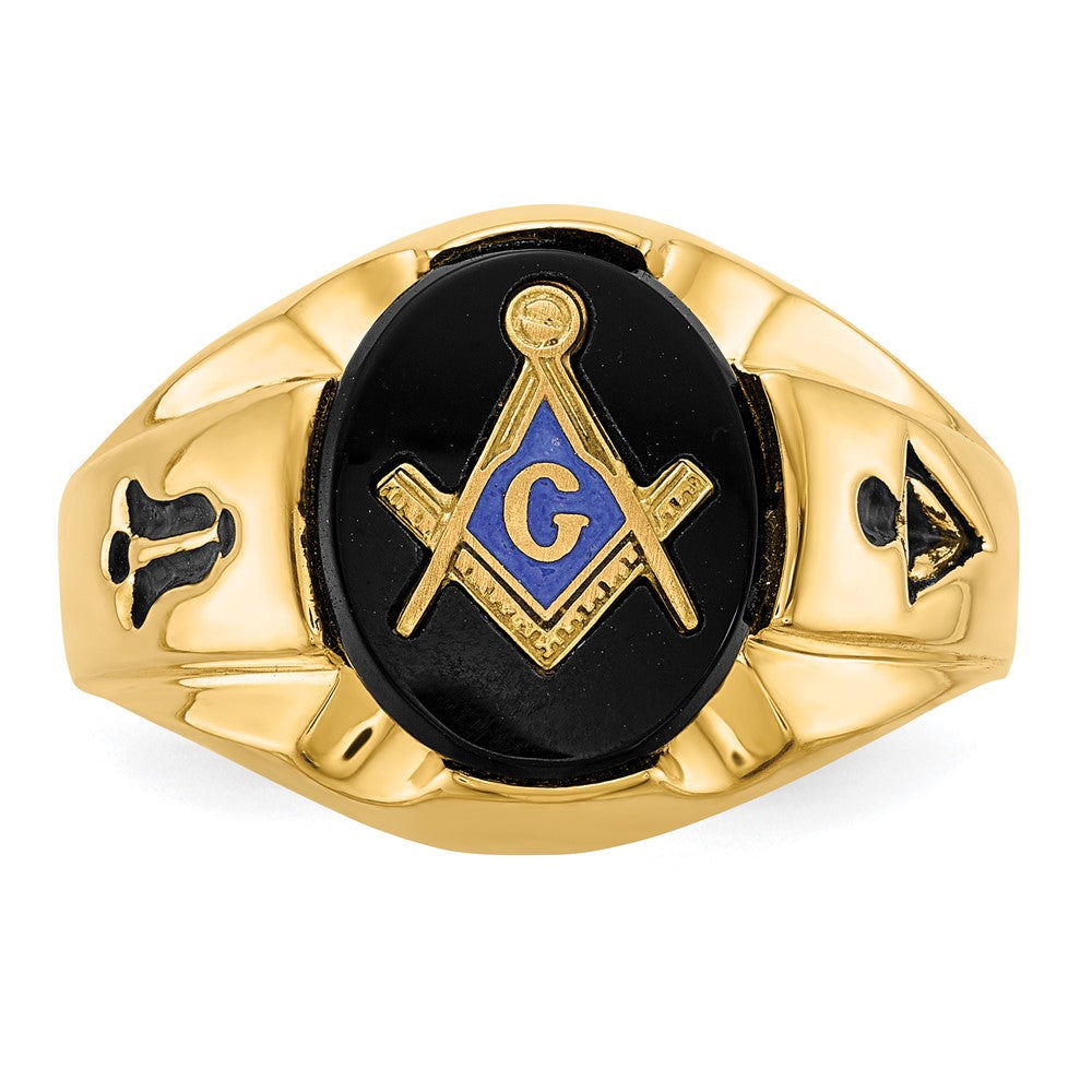 Herrenring aus 14K Gelbgold, poliert, antikisiert und geriffelt, mit ovalem Onyx, Freimaurer-Motiv