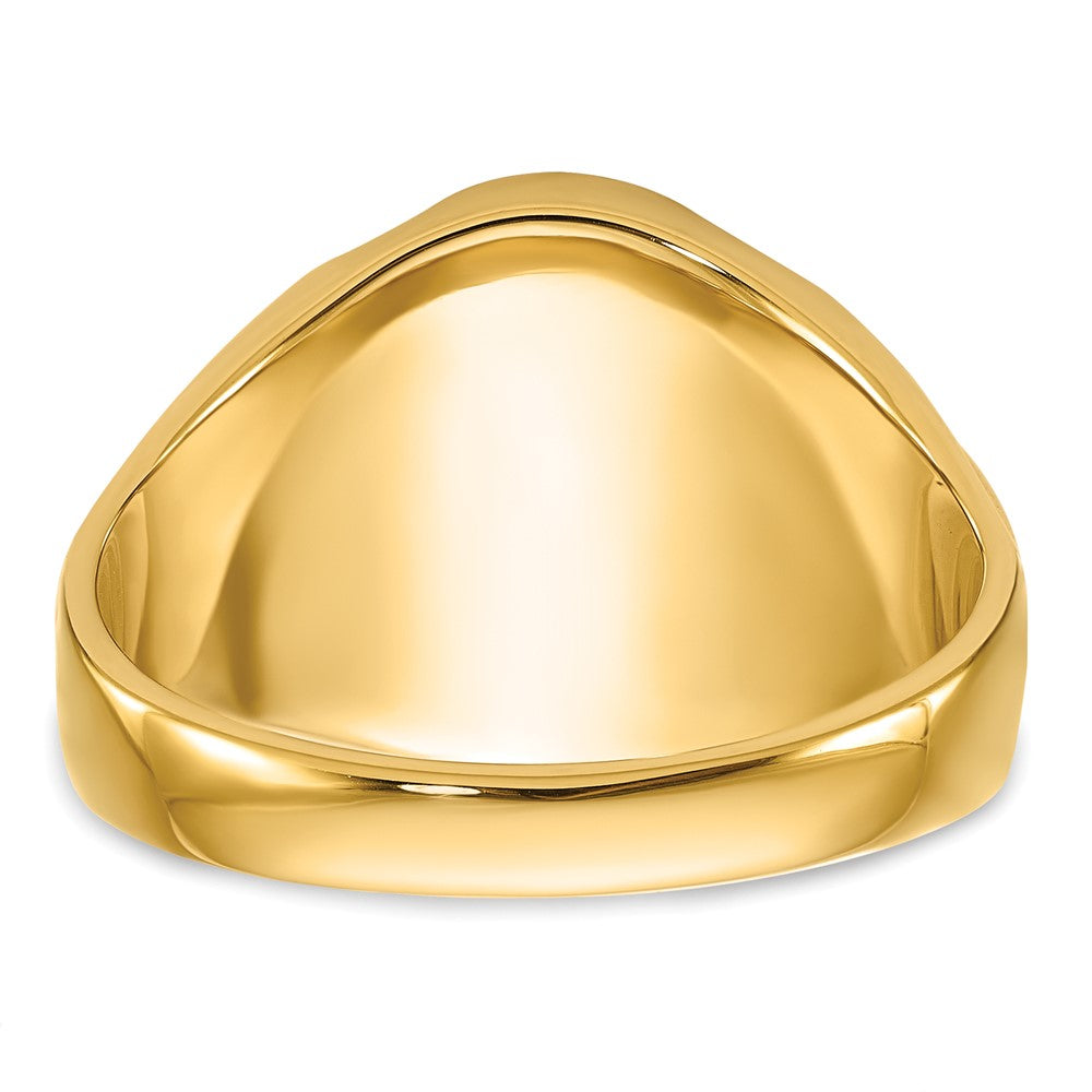 Herrenring aus 14K Gelbgold, poliert, antikisiert und geriffelt, mit ovalem Onyx, Freimaurer-Motiv