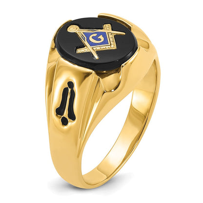 Herrenring aus 14K Gelbgold, poliert, antikisiert und geriffelt, mit ovalem Onyx, Freimaurer-Motiv