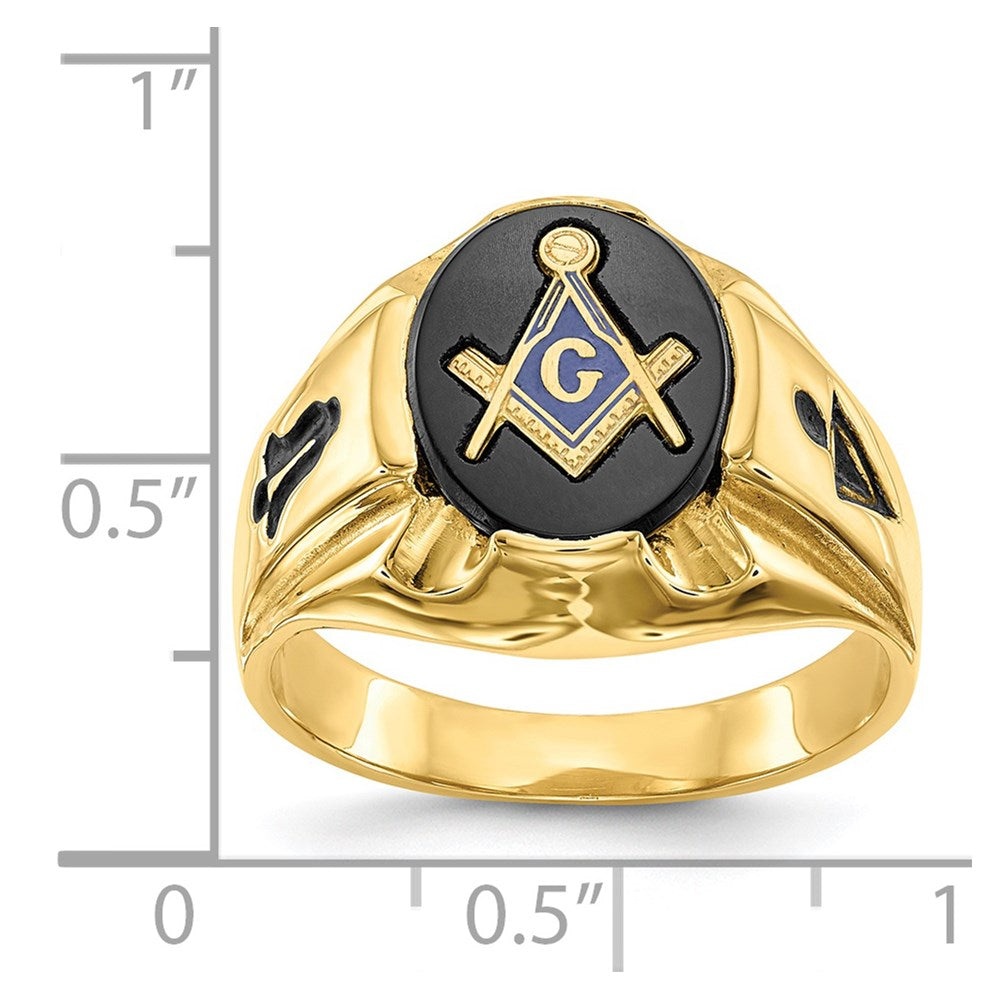 Herrenring aus 14K Gelbgold, poliert, antikisiert und geriffelt, mit ovalem Onyx, Freimaurer-Motiv
