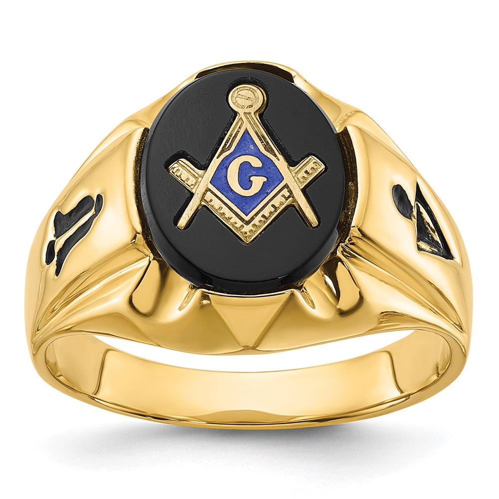 Herrenring aus 14K Gelbgold, poliert, antikisiert und geriffelt, mit ovalem Onyx, Freimaurer-Motiv