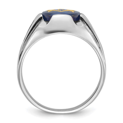 14K Weißgold Herren-Siegelring, poliert, antik und geriffelt, mit imitiertem blauem Spinell, Freimaurer-Ring