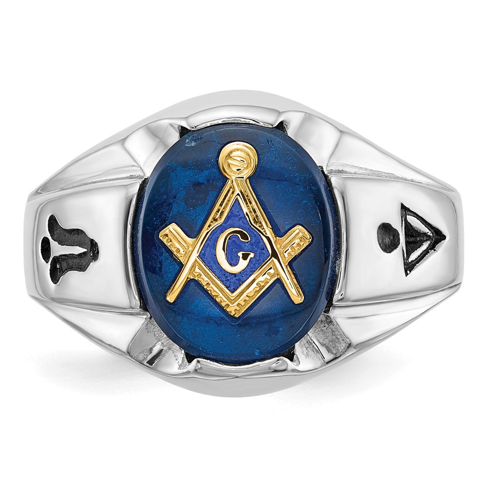 14K Weißgold Herren-Siegelring, poliert, antik und geriffelt, mit imitiertem blauem Spinell, Freimaurer-Ring