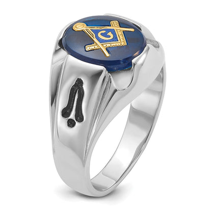 14K Weißgold Herren-Siegelring, poliert, antik und geriffelt, mit imitiertem blauem Spinell, Freimaurer-Ring