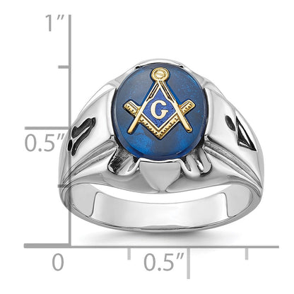 14K Weißgold Herren-Siegelring, poliert, antik und geriffelt, mit imitiertem blauem Spinell, Freimaurer-Ring