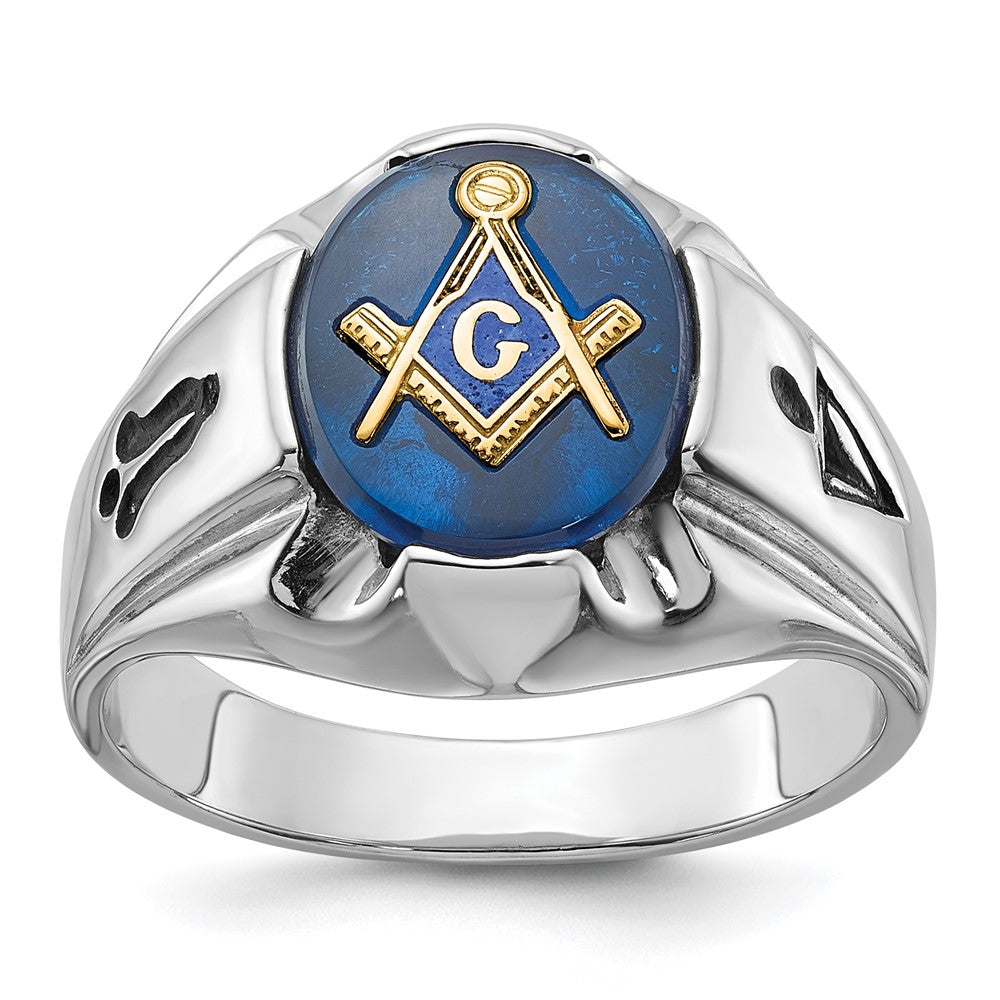 14K Weißgold Herren-Siegelring, poliert, antik und geriffelt, mit imitiertem blauem Spinell, Freimaurer-Ring