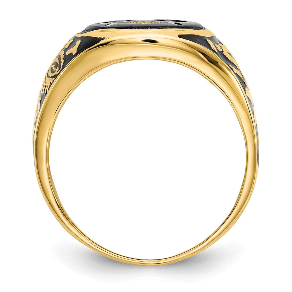 14K Gelbgold Herren-Siegelring, poliert und texturiert, mit schwarzer Emaille und ovalem Onyx, Freimaurer-Design