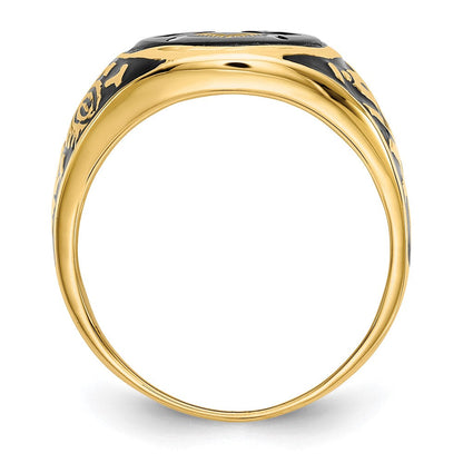 14K Gelbgold Herren-Siegelring, poliert und texturiert, mit schwarzer Emaille und ovalem Onyx, Freimaurer-Design